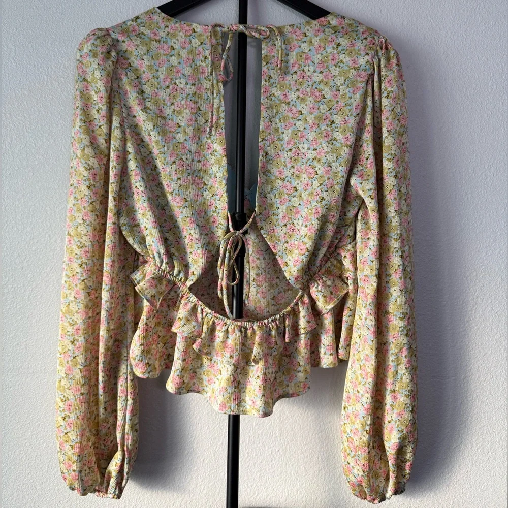Anthropologie Cream Floral Open-Back Peplum Blouse